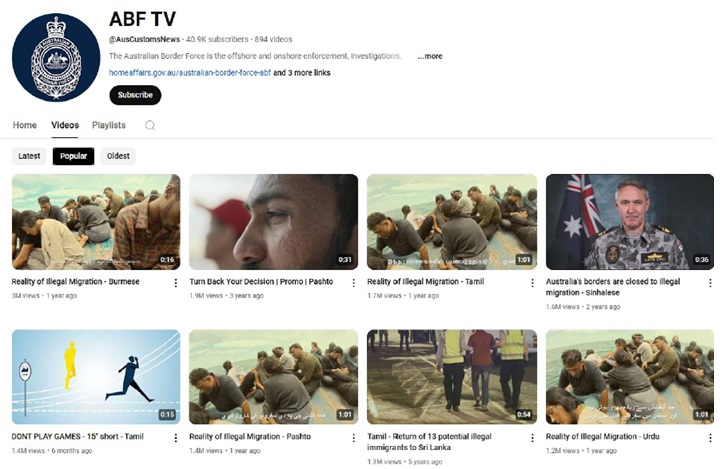 De Youtube-pagina van de Australian Border Force staat vol met filmpjes die asielzoekersmoeten ontmoedigen de oversteek te wagen.