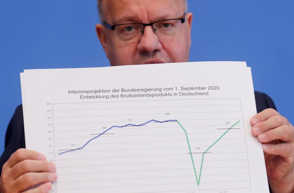 De Duitse minister van Economie Peter Altmaier presenteert de economische vooruitzichten. Berlijn, 1 september 2020.