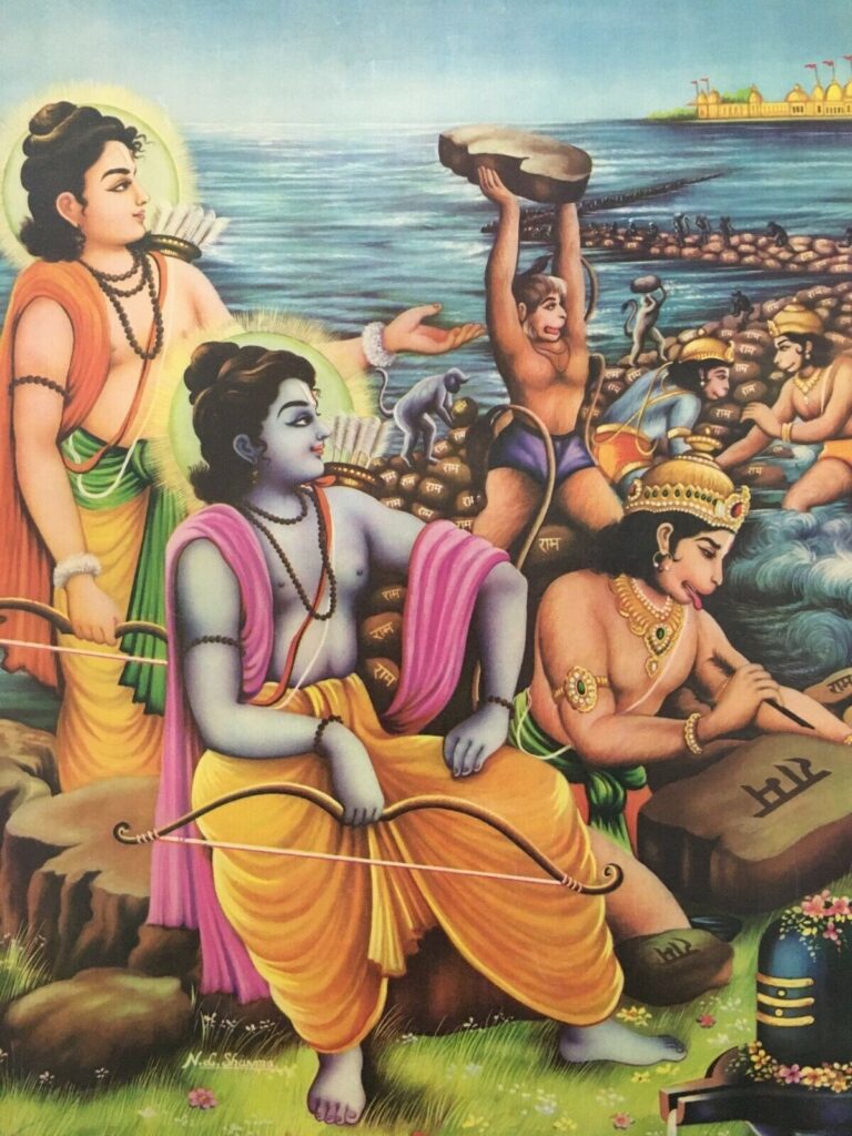 Twintigste-eeuws schilderij dat een scène uit de Ramayana afbeeldt aapjes bouwen een brug naar Sri Lanka