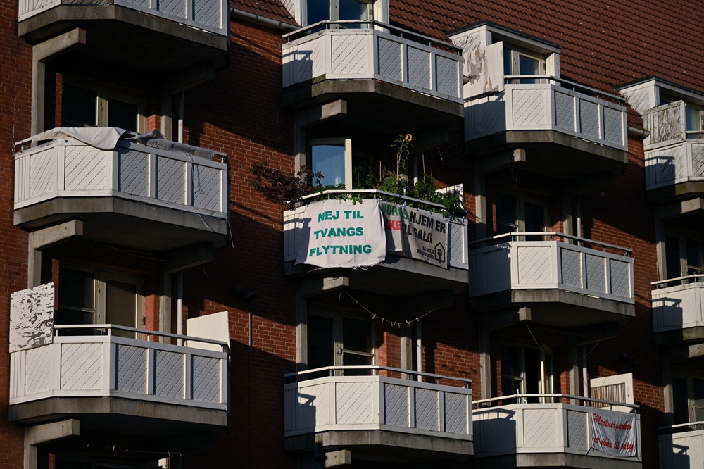 Bewoners protesteren tegen de ‘Anti-gettowet’: ze willen niet gedwongen vertrekken. Kopenhagen, 28 augustus 2023.